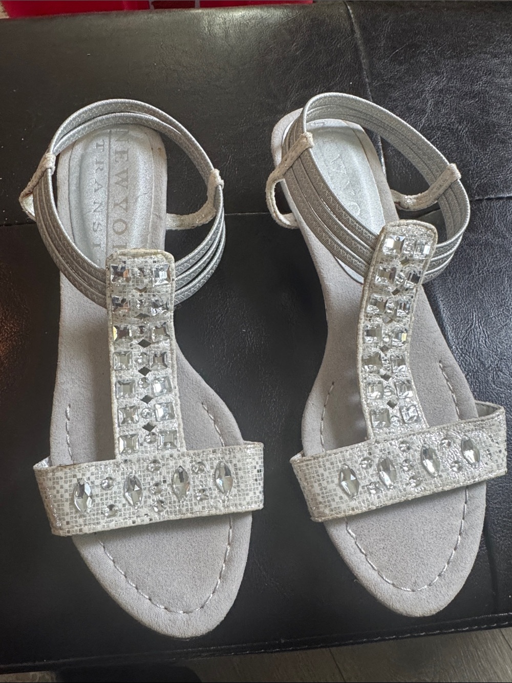 New York Transit Silver Jeweled T-Strap Sandals